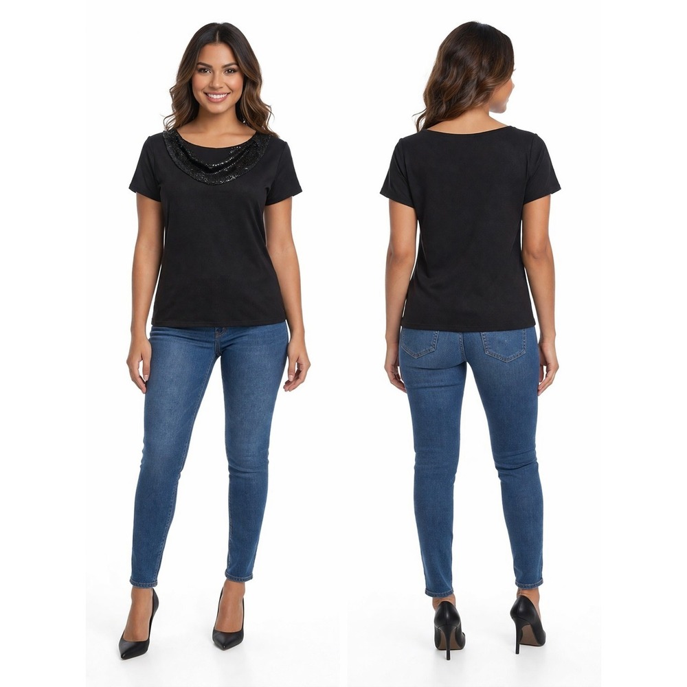 Jones New York Women Top Large Black Sequin‎ Neck Short Sleeve Elegant Chic NWT